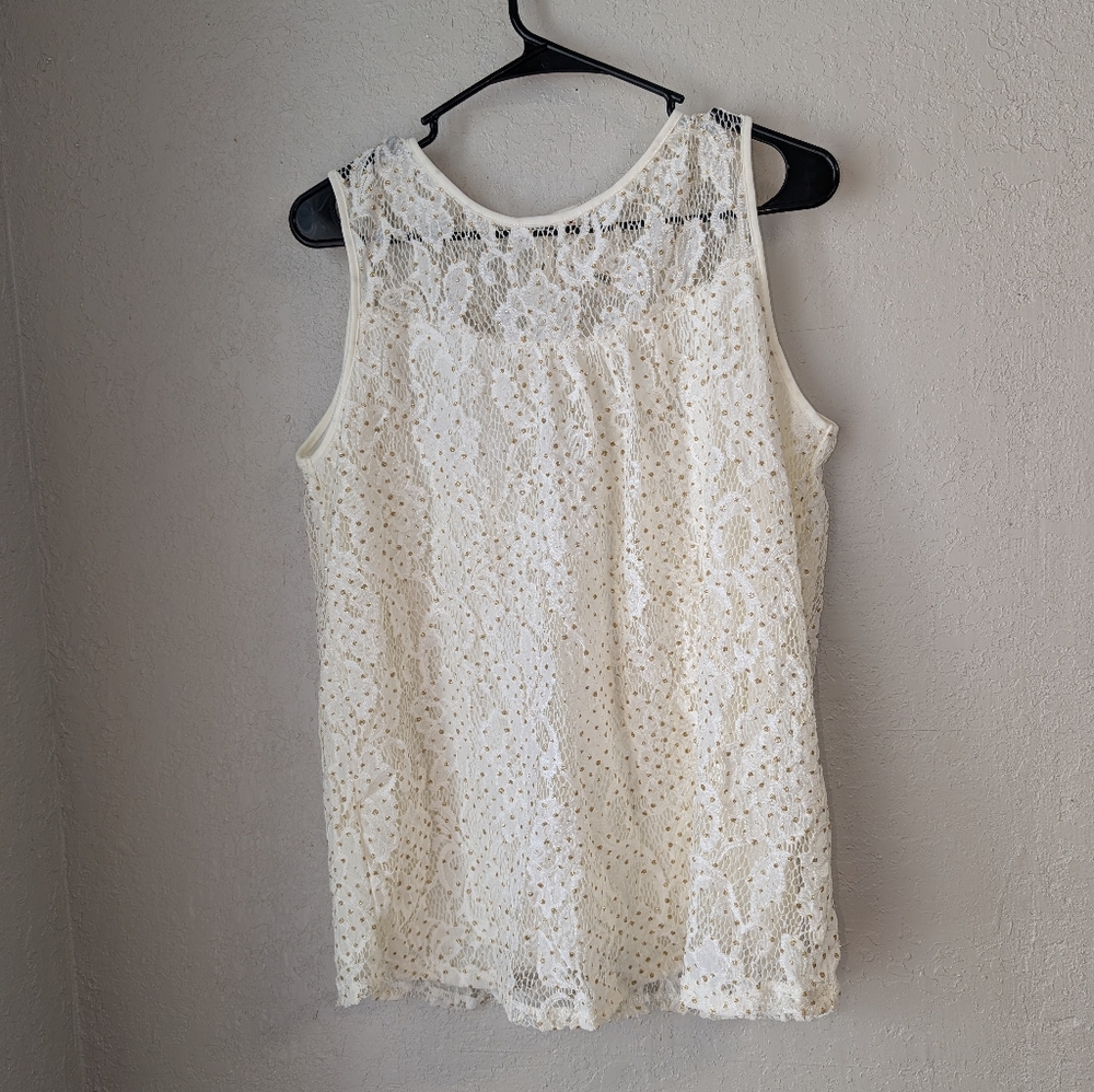 Ivory Lace Sleeveless Top L Gold Glitter Semi Sheer Fairy Cottagecore Dainty